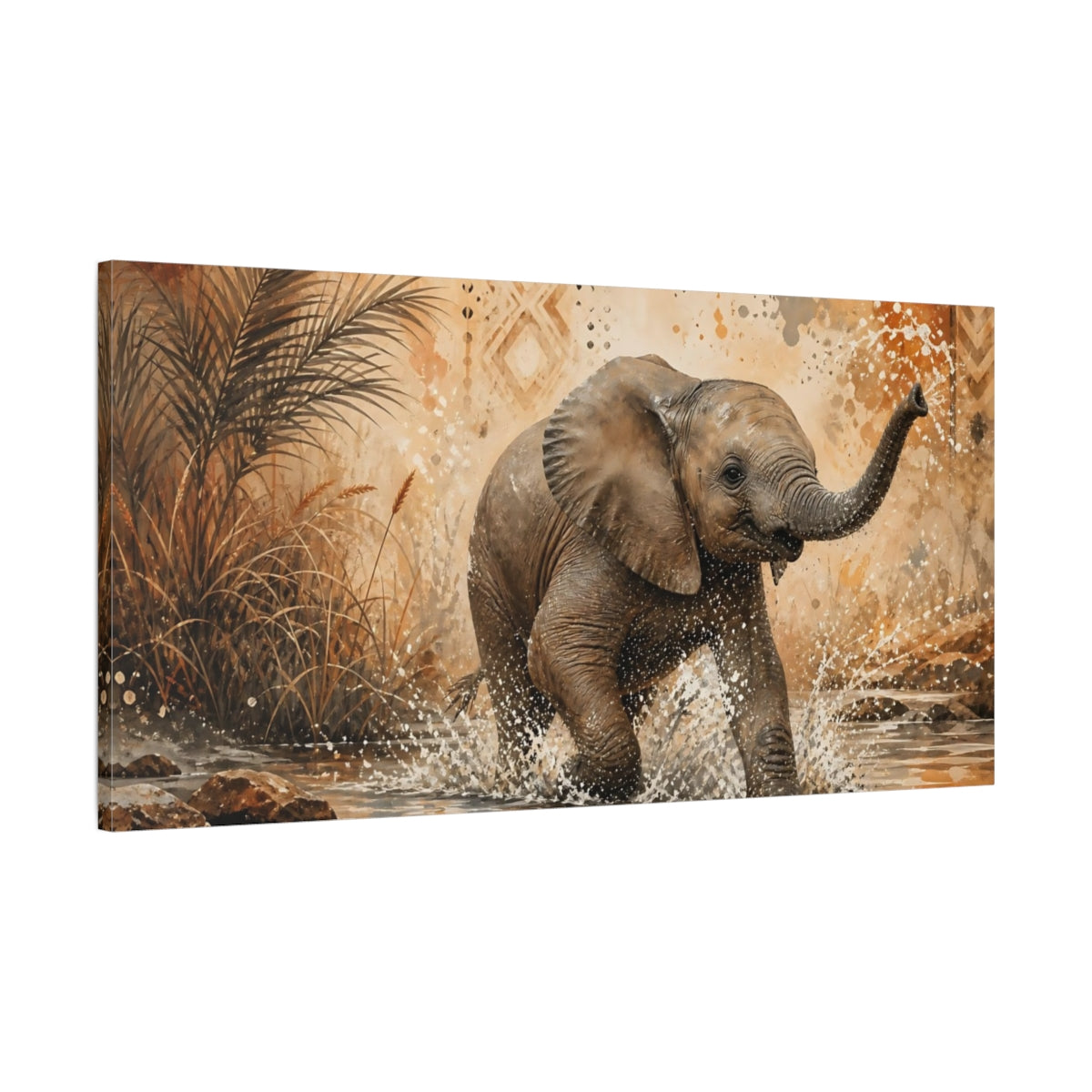 Main Mockup. Animals Baby Elephant Brown And Orange shown as stretched canvas wall art
