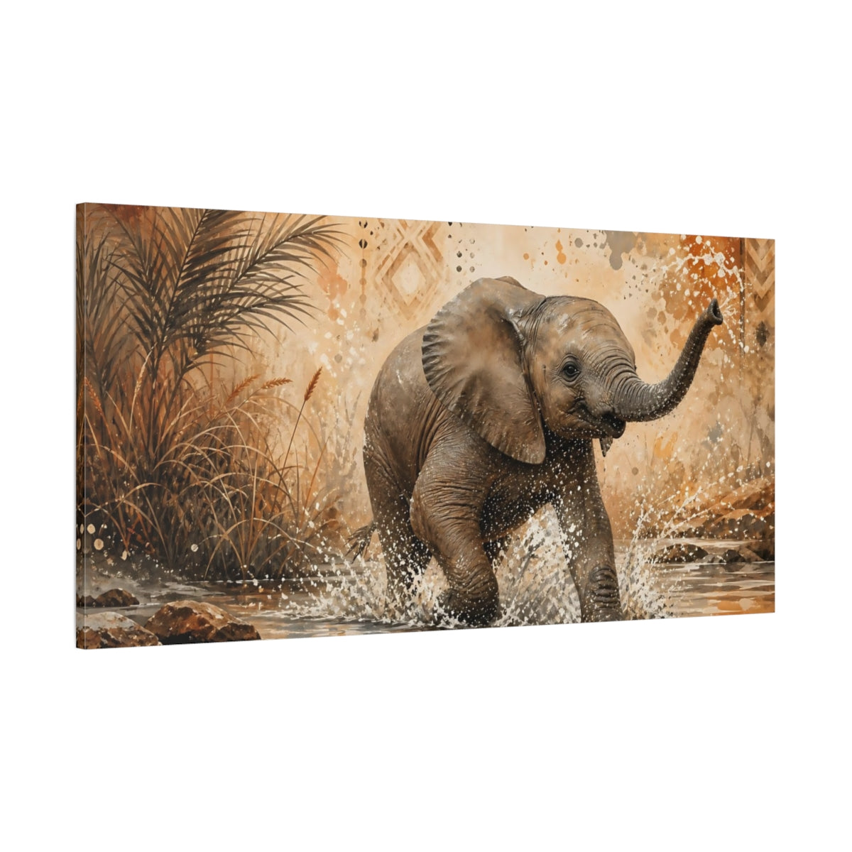 Side Mockup 2. Animals Baby Elephant Brown And Orange shown as stretched canvas wall art