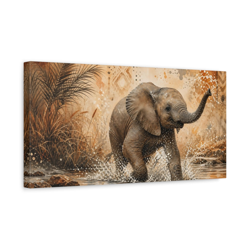Side Mockup 3. Animals Baby Elephant Brown And Orange shown as stretched canvas wall art