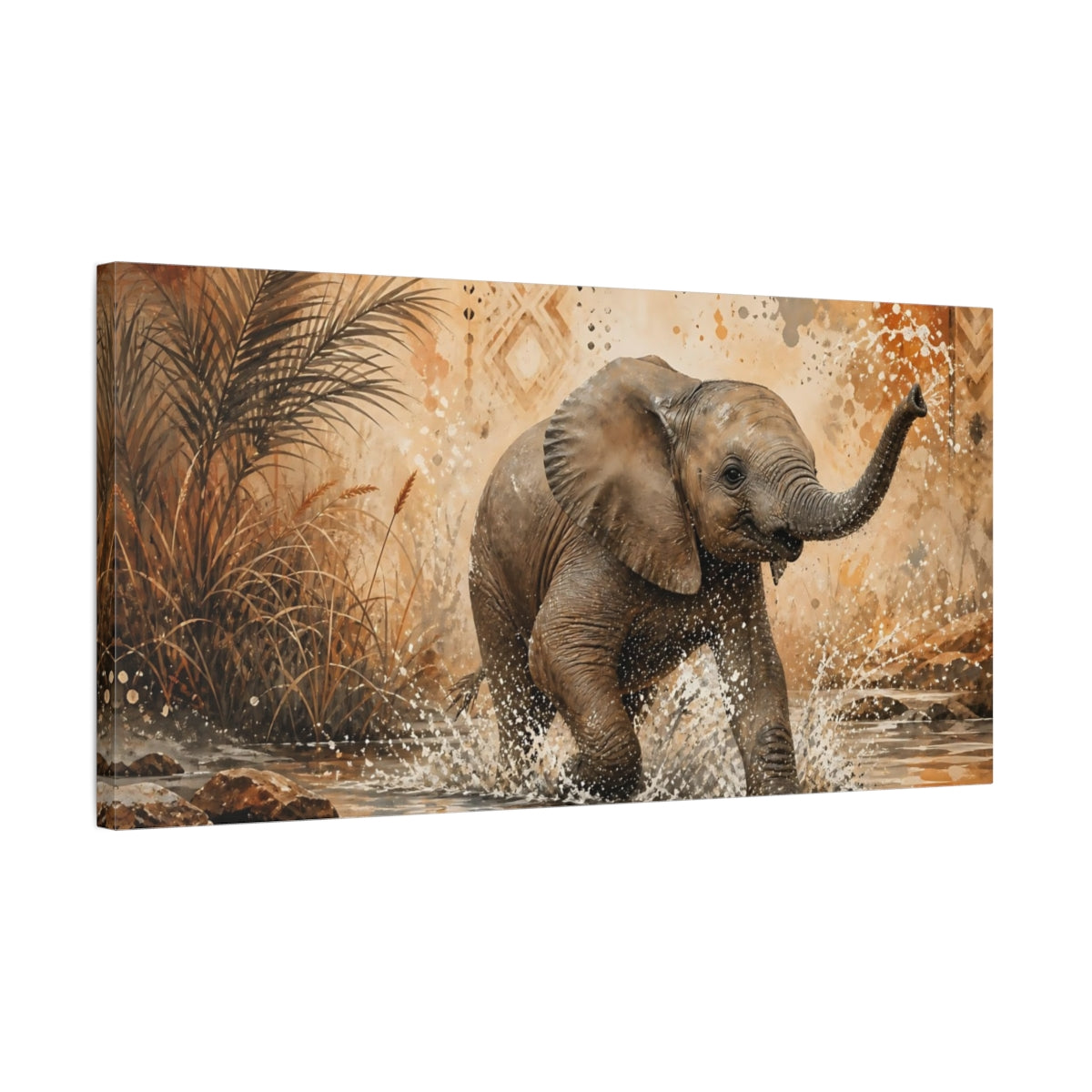 Side Mockup 1. Animals Baby Elephant Brown And Orange shown as stretched canvas wall art