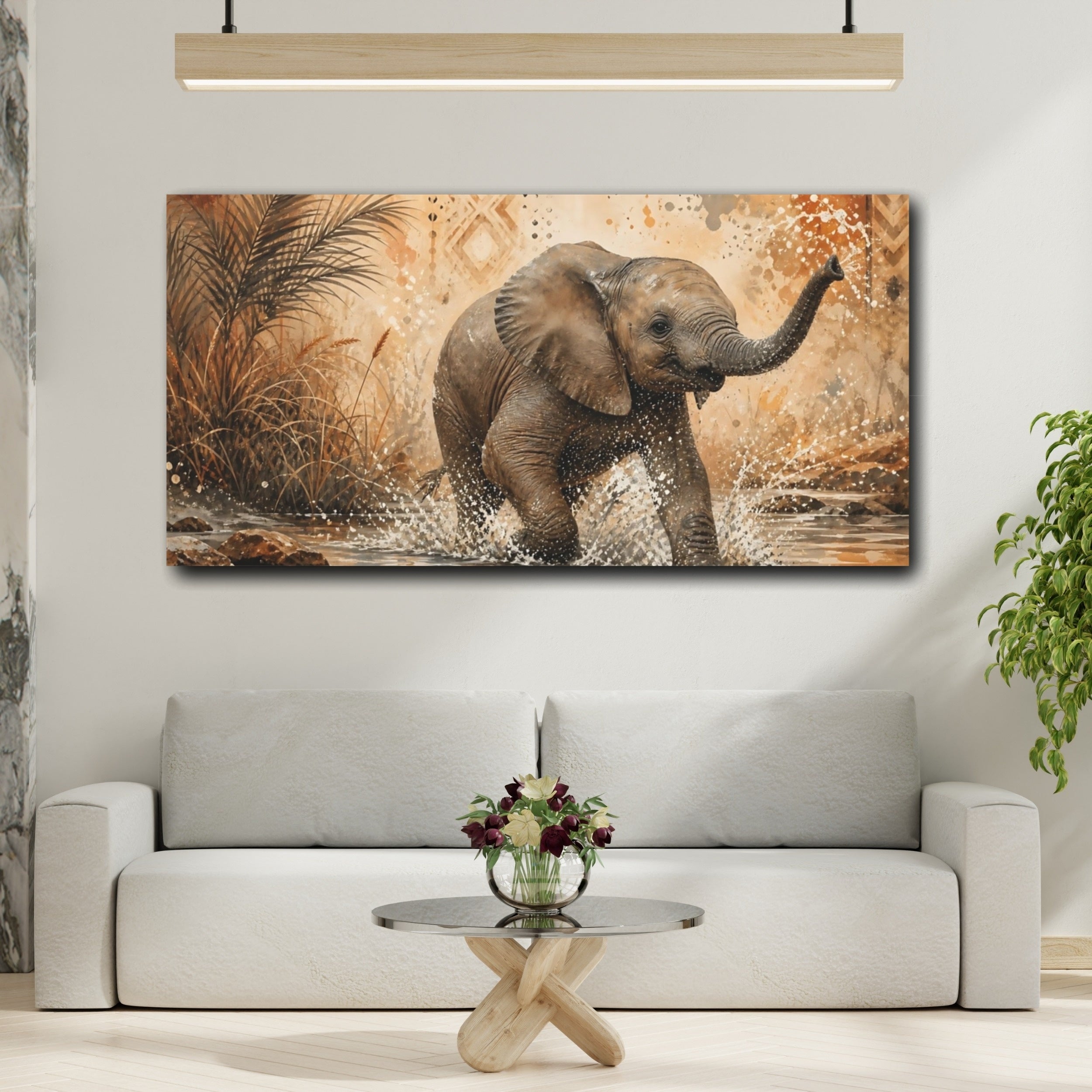 Mockup 2. Animals Baby Elephant Brown And Orange shown as stretched canvas wall art