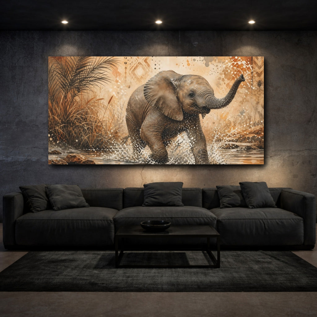 Mockup 3. Animals Baby Elephant Brown And Orange shown as stretched canvas wall art