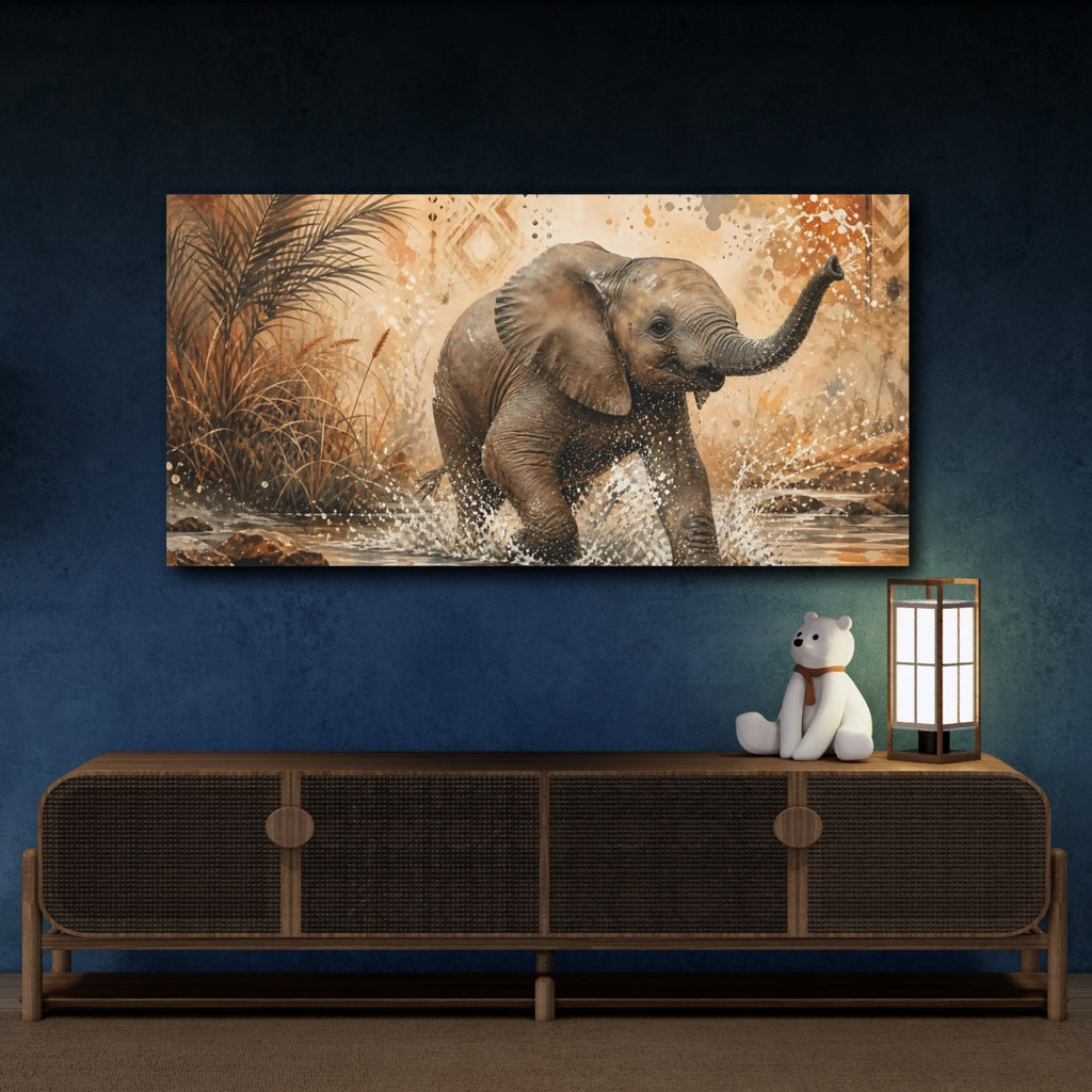Mockup 4. Animals Baby Elephant Brown And Orange shown as stretched canvas wall art