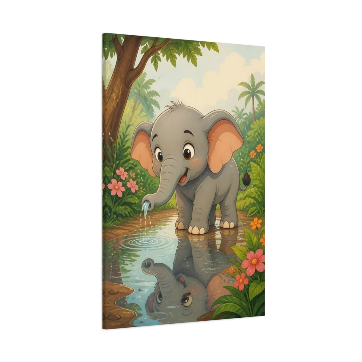 Side Mockup 1. Animals Baby Elephant Cute Jungle Elephant shown as stretched canvas wall art