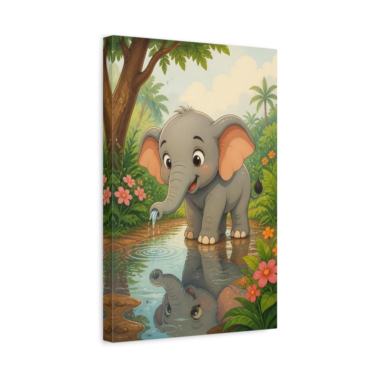 Side Mockup 4. Animals Baby Elephant Cute Jungle Elephant shown as stretched canvas wall art