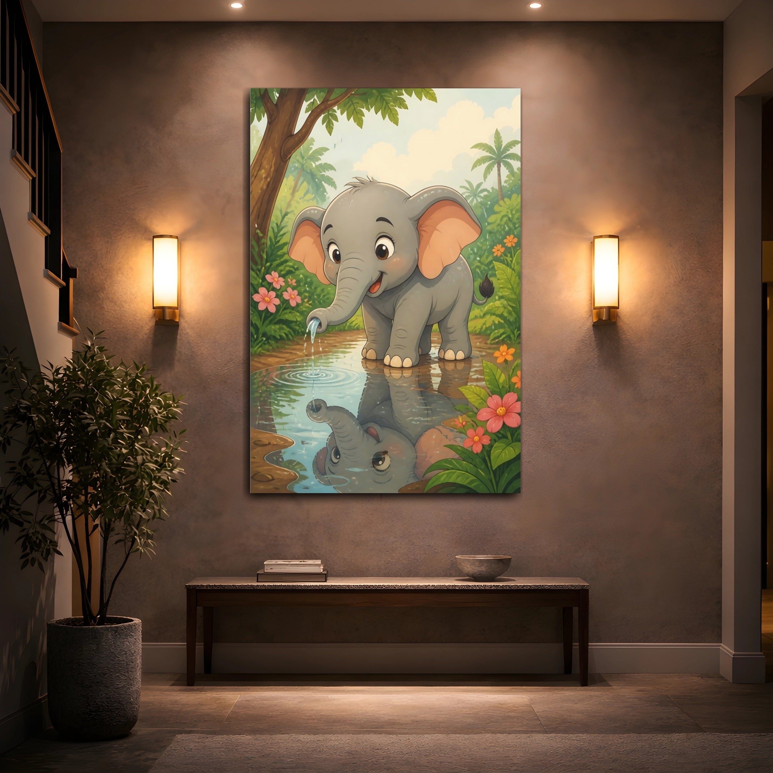 Mockup 2. Animals Baby Elephant Cute Jungle Elephant shown as stretched canvas wall art