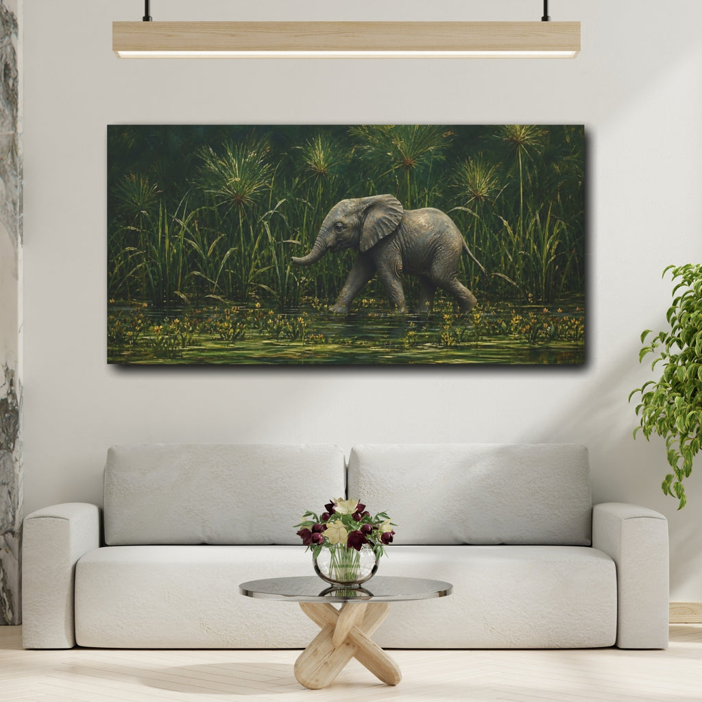 Mockup 2. Animals Baby Elephant Elephant And Green shown as stretched canvas wall art