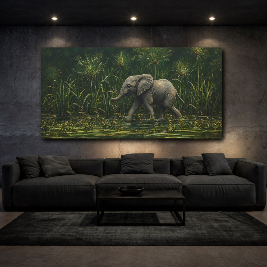 Mockup 3. Animals Baby Elephant Elephant And Green shown as stretched canvas wall art