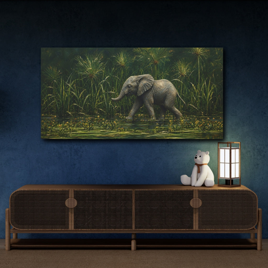 Mockup 4. Animals Baby Elephant Elephant And Green shown as stretched canvas wall art