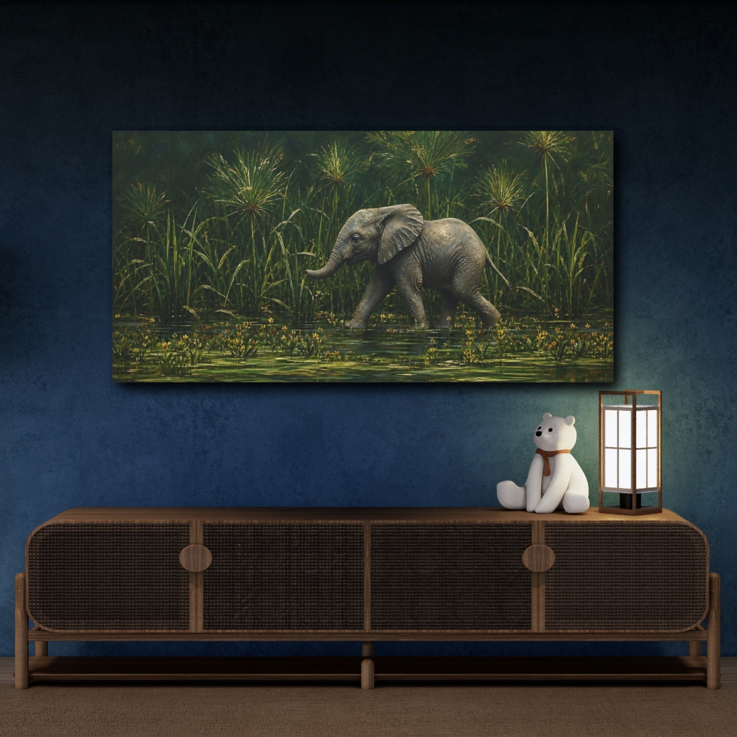 Mockup 4. Animals Baby Elephant Elephant And Green shown as stretched canvas wall art