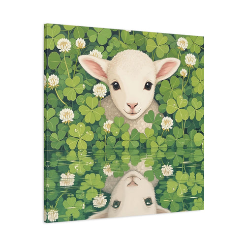 Main Mockup. Animals Baby Lamb Baby Lamb Clover Green shown as stretched canvas wall art