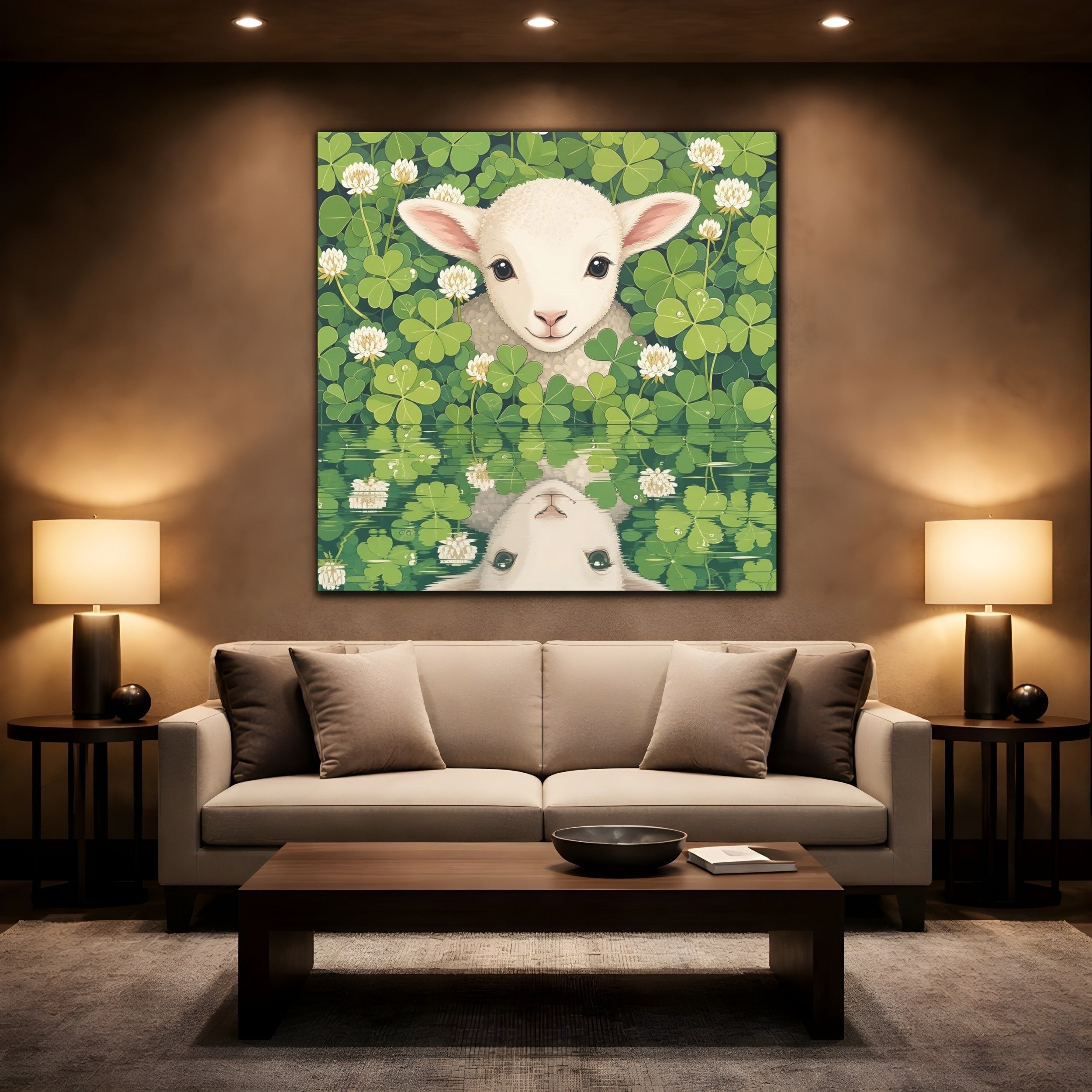 Mockup 2. Animals Baby Lamb Baby Lamb Clover Green shown as stretched canvas wall art