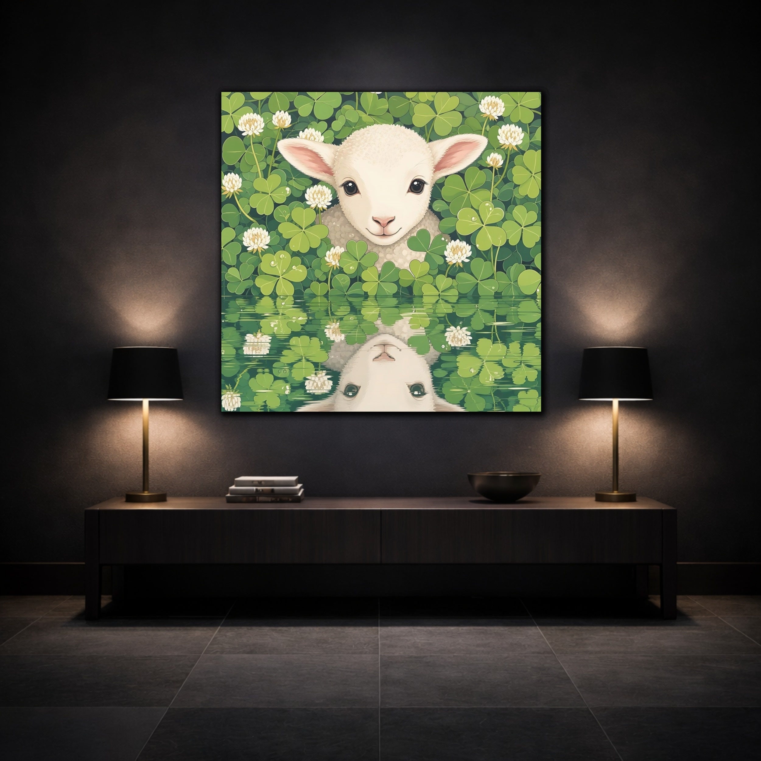 Mockup 3. Animals Baby Lamb Baby Lamb Clover Green shown as stretched canvas wall art