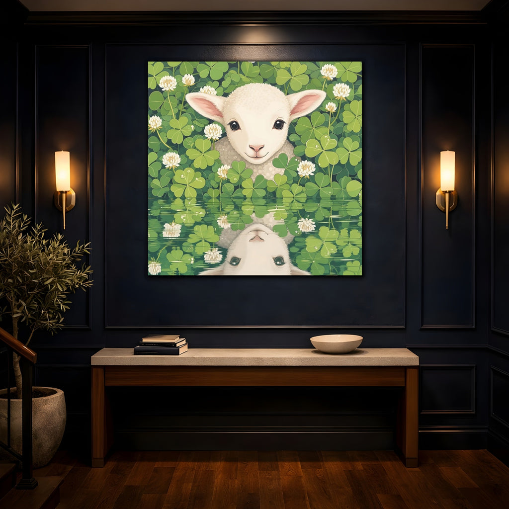 Mockup 4. Animals Baby Lamb Baby Lamb Clover Green shown as stretched canvas wall art