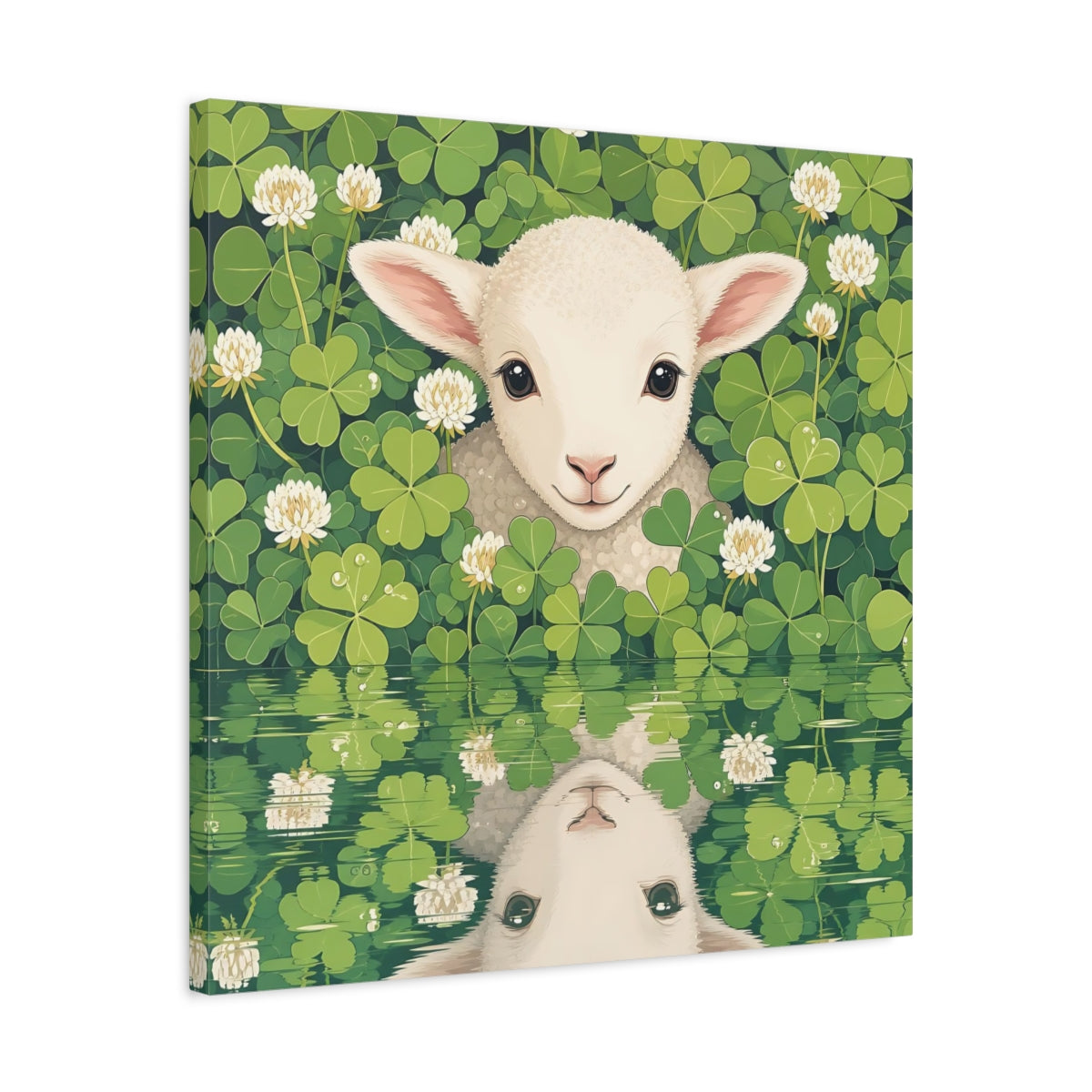 Side Mockup 4. Animals Baby Lamb Baby Lamb Clover Green shown as stretched canvas wall art