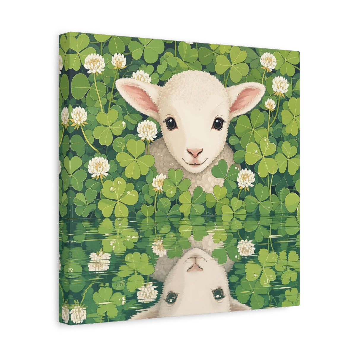 Side Mockup 7. Animals Baby Lamb Baby Lamb Clover Green shown as stretched canvas wall art