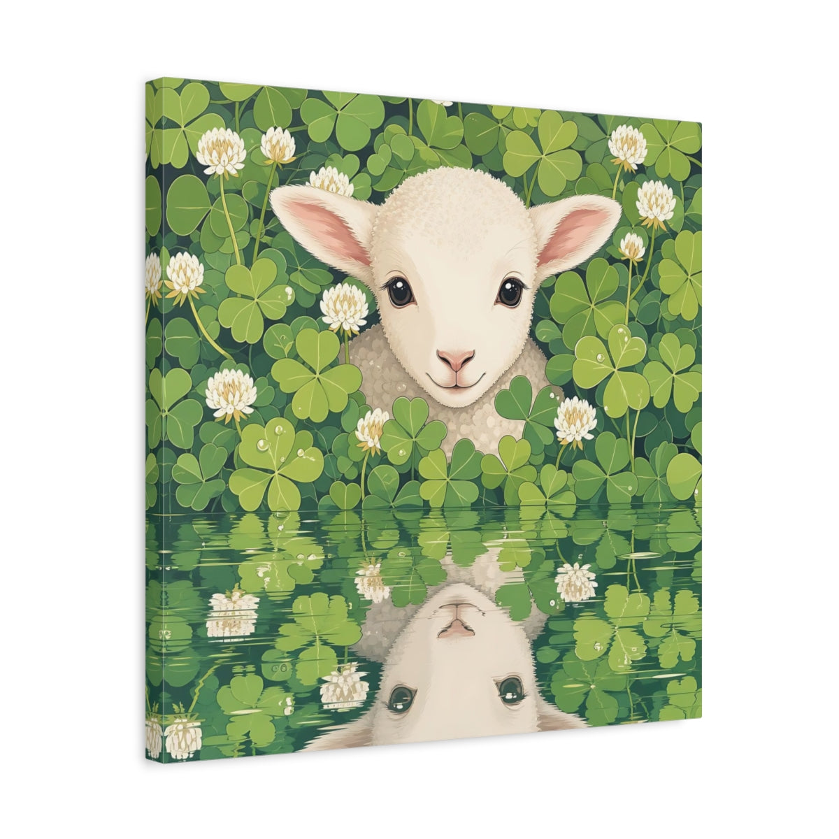Side Mockup 5. Animals Baby Lamb Baby Lamb Clover Green shown as stretched canvas wall art