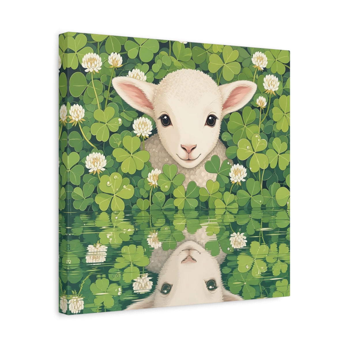 Side Mockup 6. Animals Baby Lamb Baby Lamb Clover Green shown as stretched canvas wall art