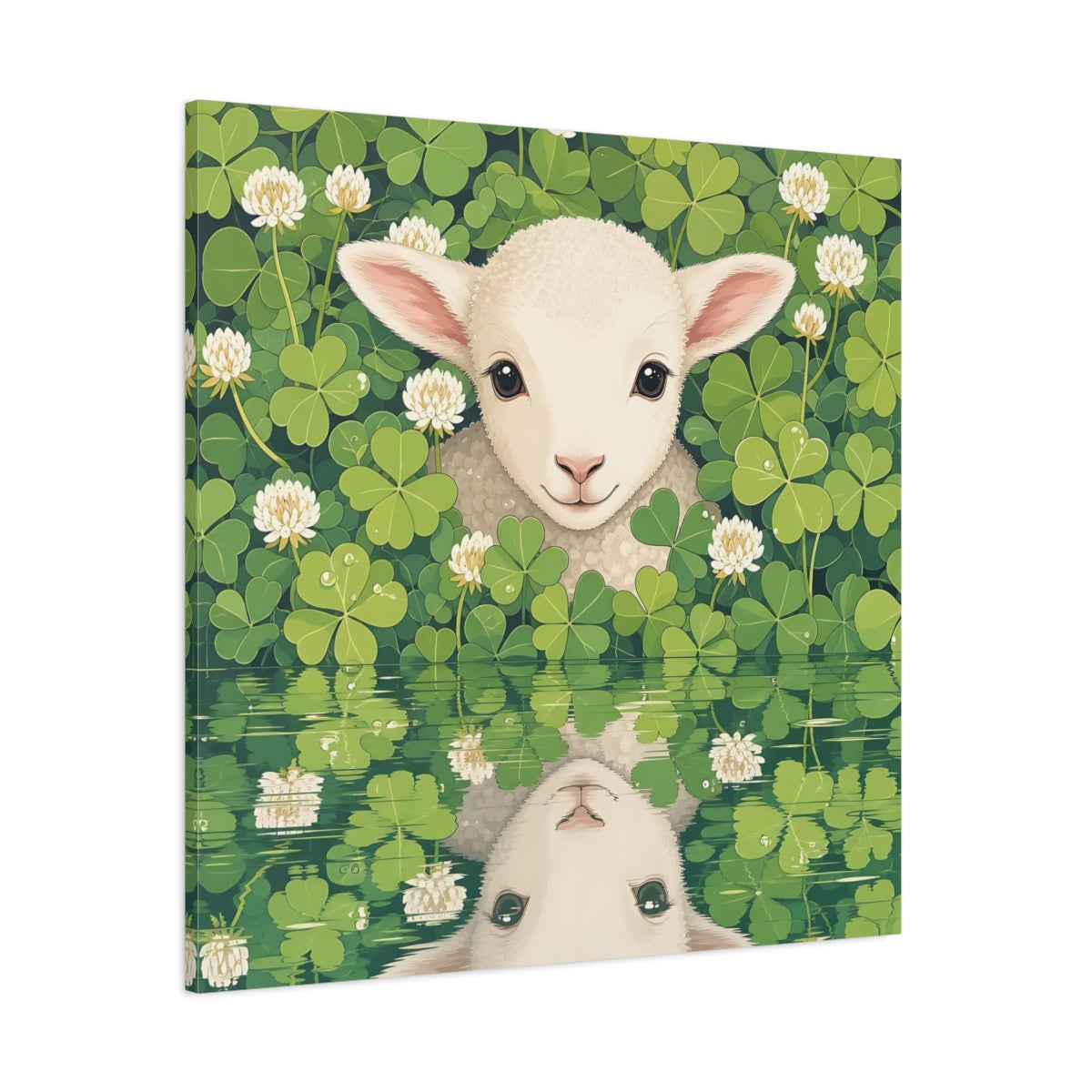 Side Mockup 1. Animals Baby Lamb Baby Lamb Clover Green shown as stretched canvas wall art