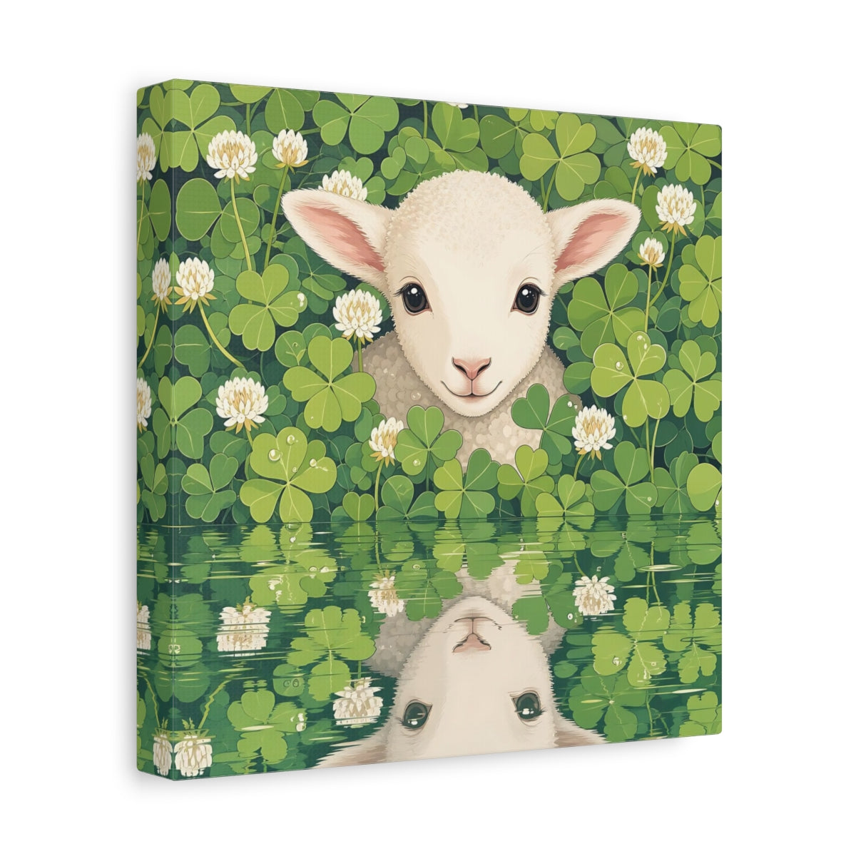 Side Mockup 9. Animals Baby Lamb Baby Lamb Clover Green shown as stretched canvas wall art
