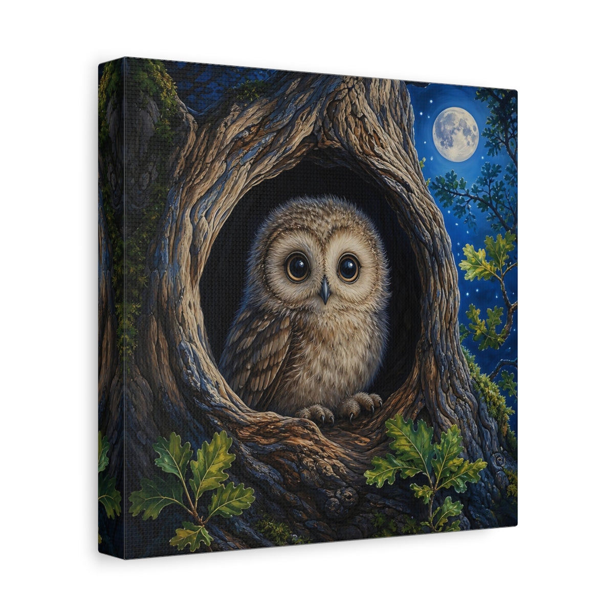 Side Mockup 9. Animals Baby Owl Cute Owl shown as stretched canvas wall art