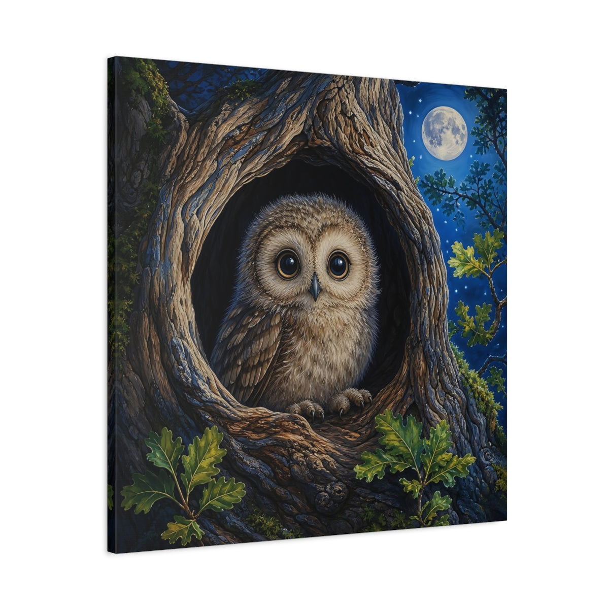 Side Mockup 3. Animals Baby Owl Cute Owl shown as stretched canvas wall art