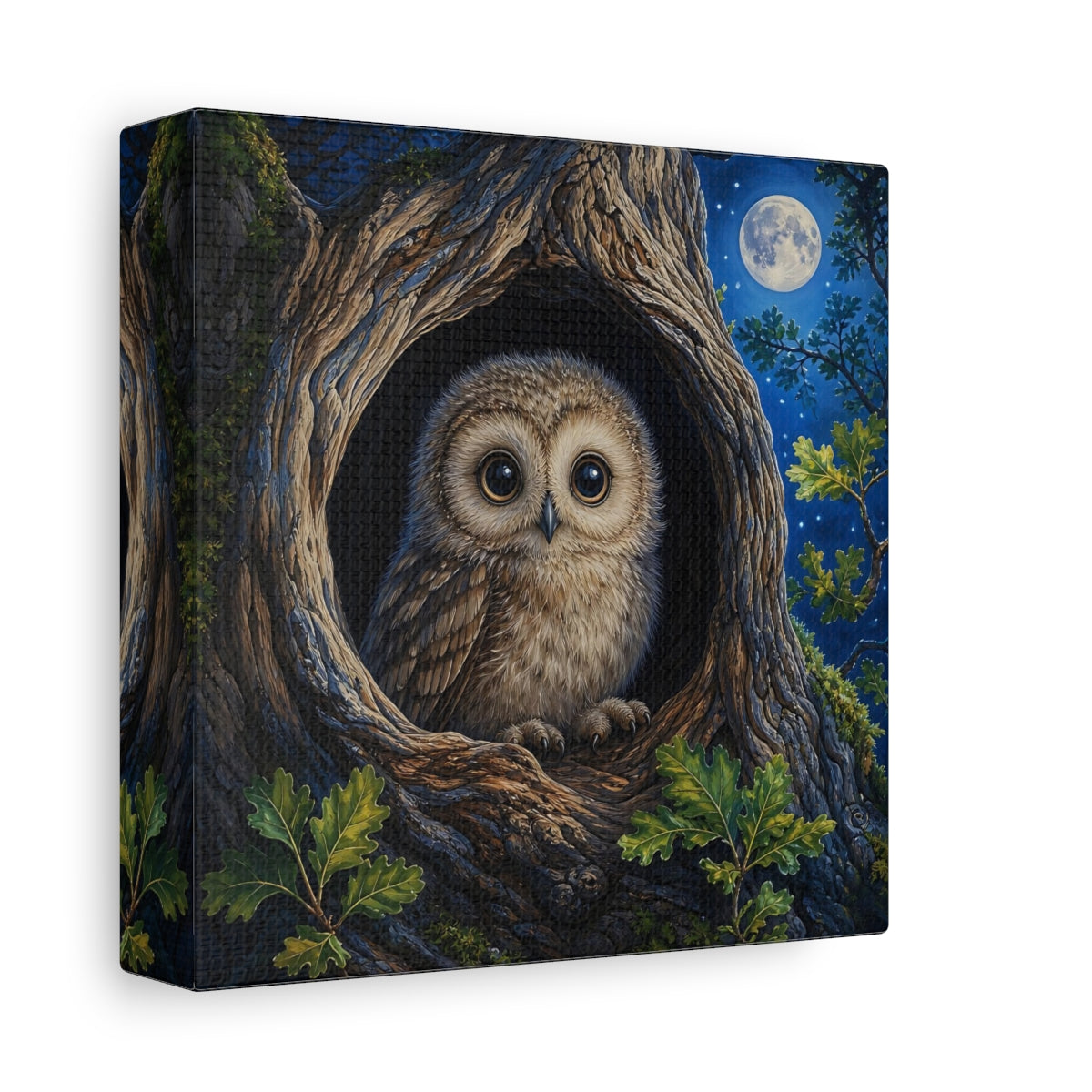 Side Mockup 2. Animals Baby Owl Cute Owl shown as stretched canvas wall art