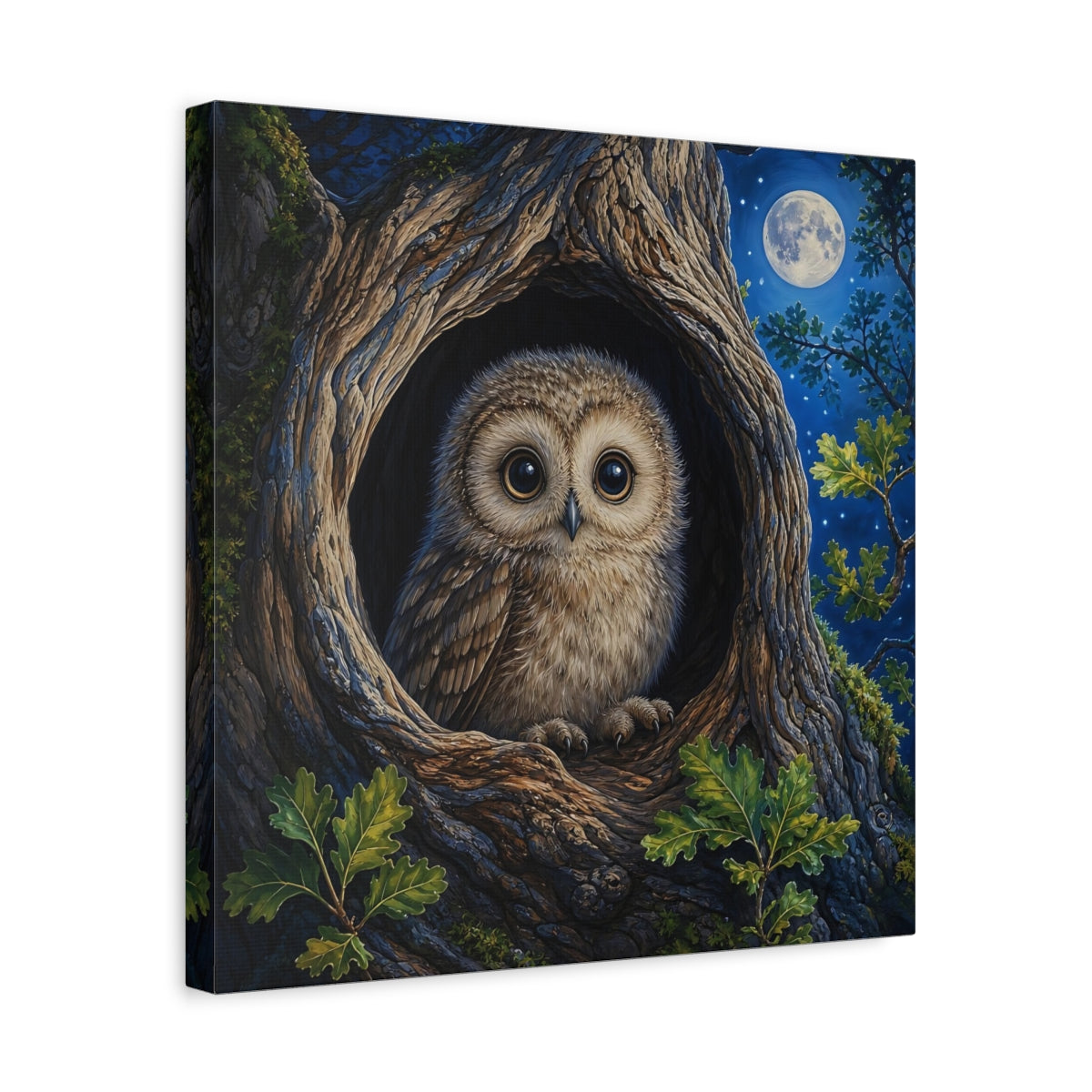Side Mockup 6. Animals Baby Owl Cute Owl shown as stretched canvas wall art
