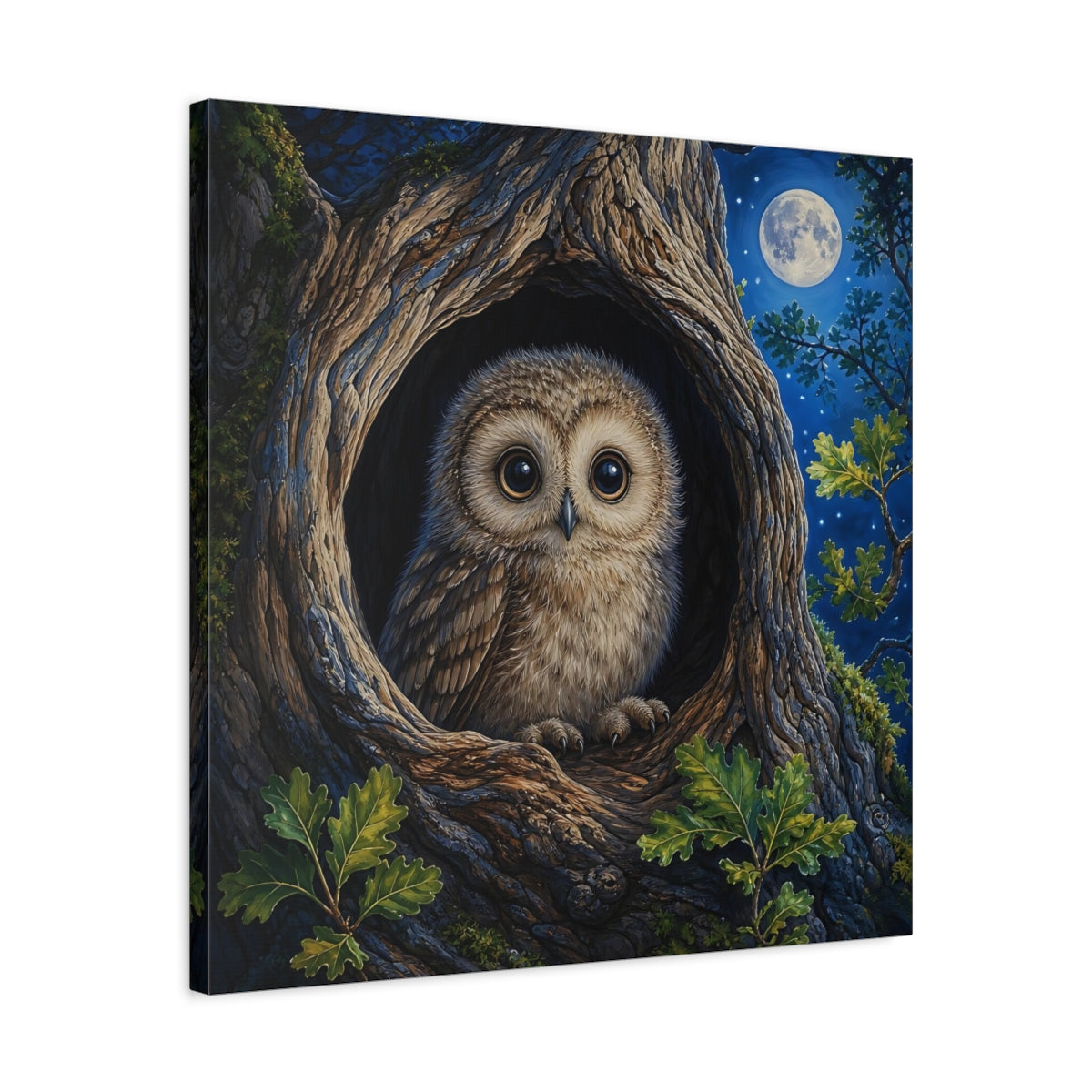 Side Mockup 4. Animals Baby Owl Cute Owl shown as stretched canvas wall art