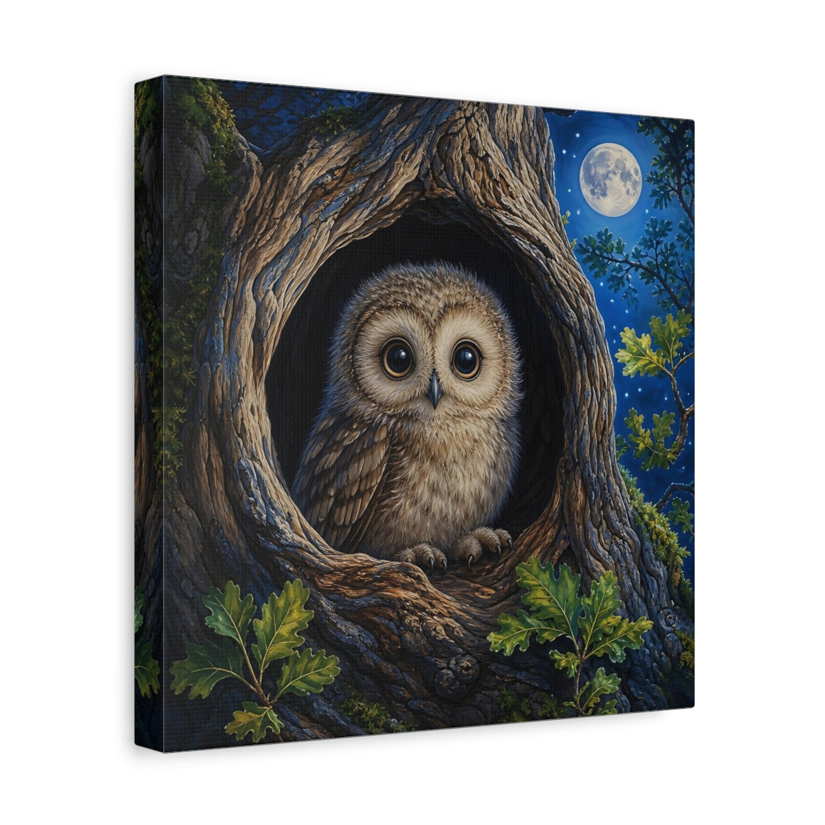 Side Mockup 8. Animals Baby Owl Cute Owl shown as stretched canvas wall art
