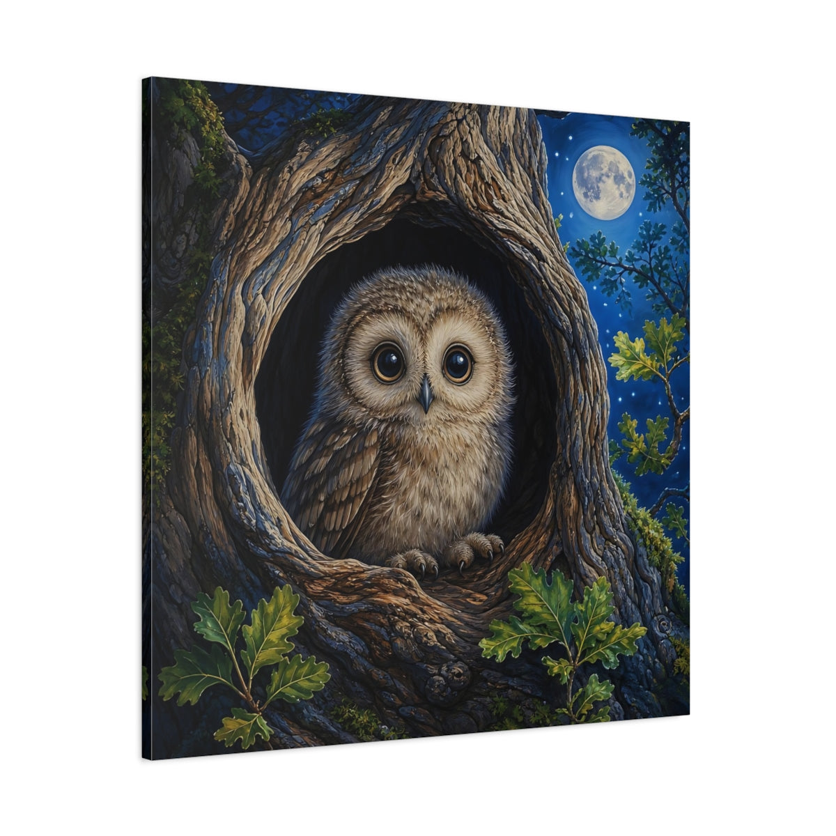 Side Mockup 1. Animals Baby Owl Cute Owl shown as stretched canvas wall art