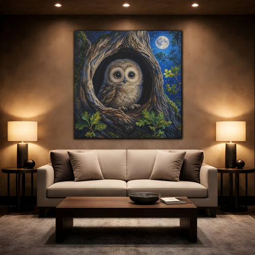 Mockup 2. Animals Baby Owl Cute Owl shown as stretched canvas wall art
