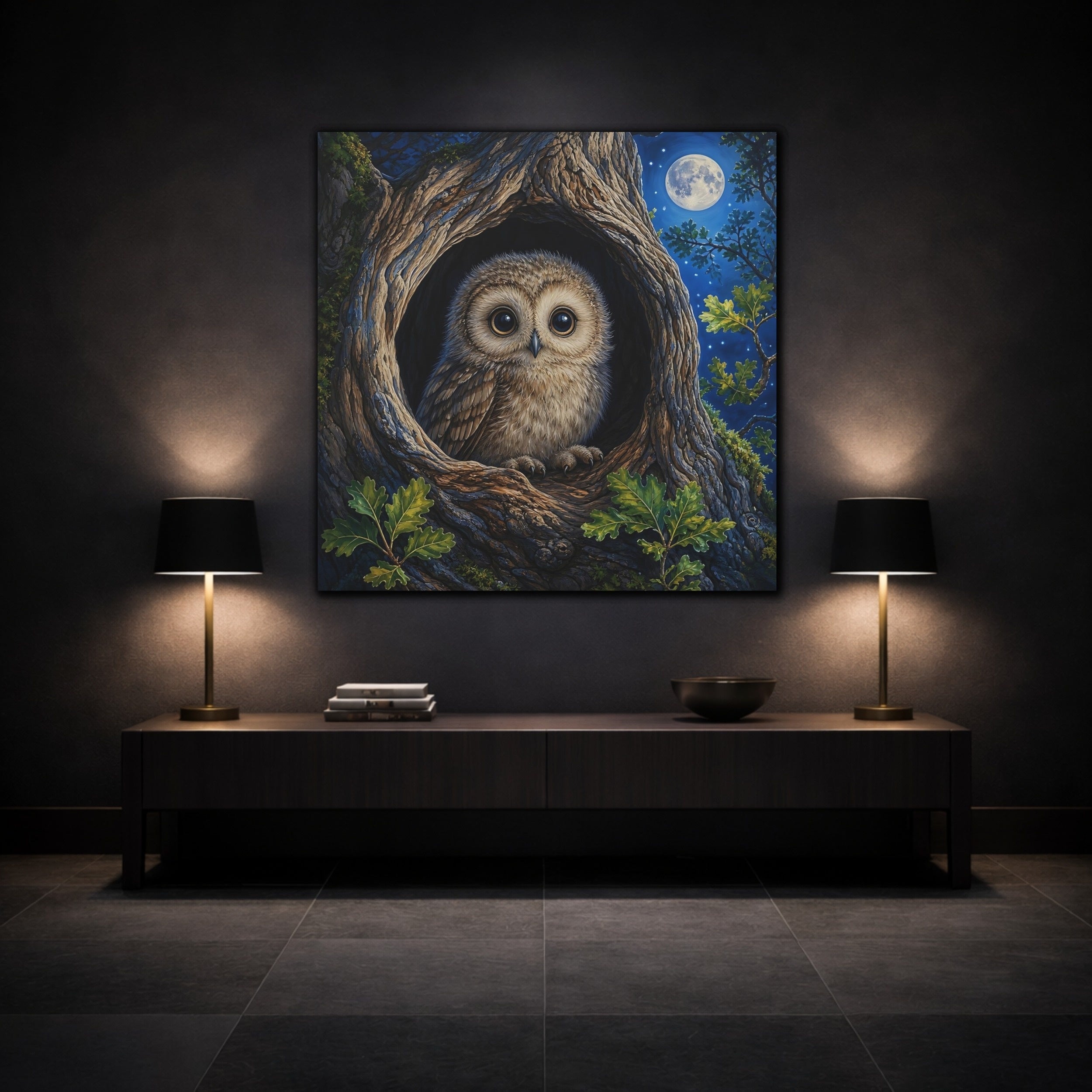 Mockup 3. Animals Baby Owl Cute Owl shown as stretched canvas wall art
