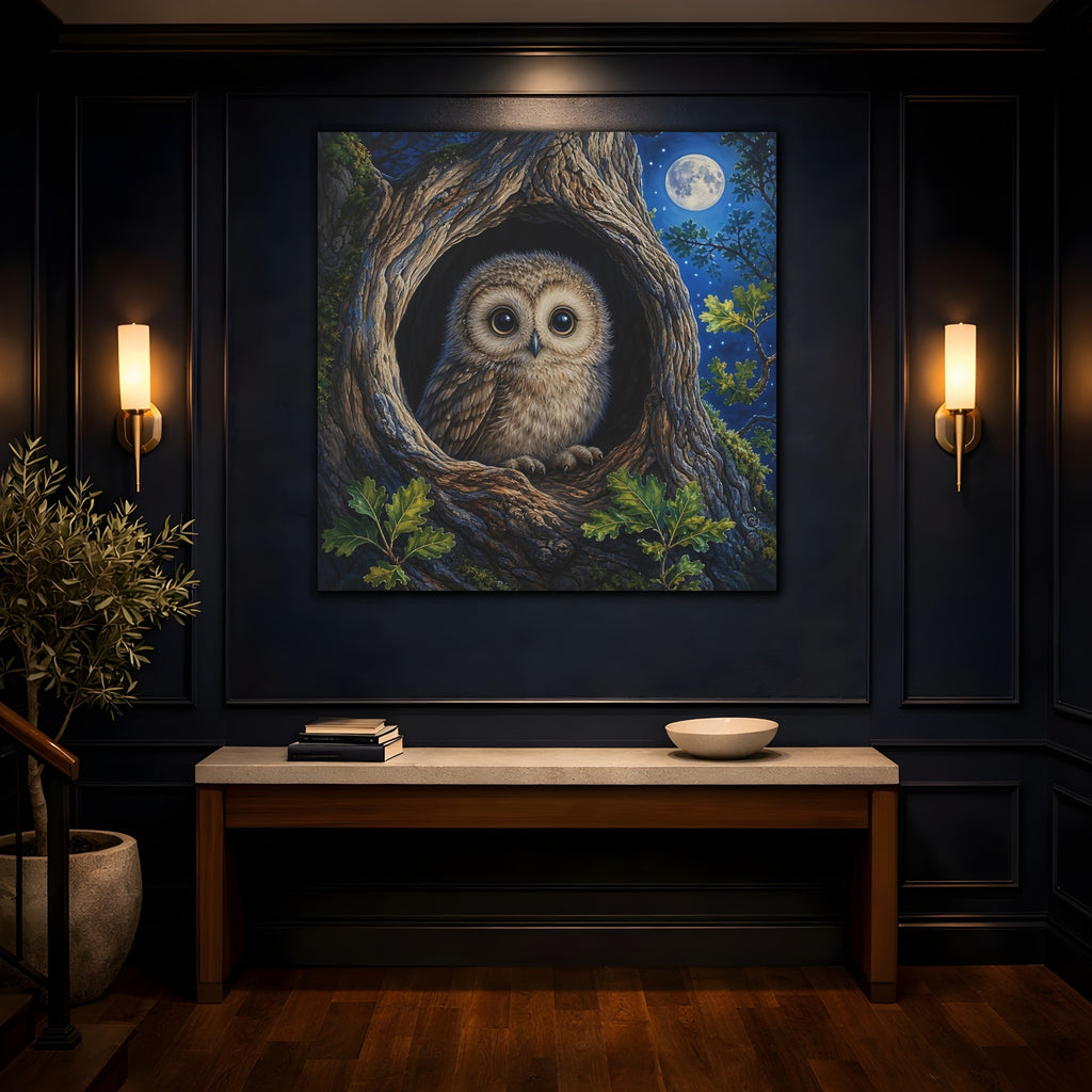 Mockup 4. Animals Baby Owl Cute Owl shown as stretched canvas wall art