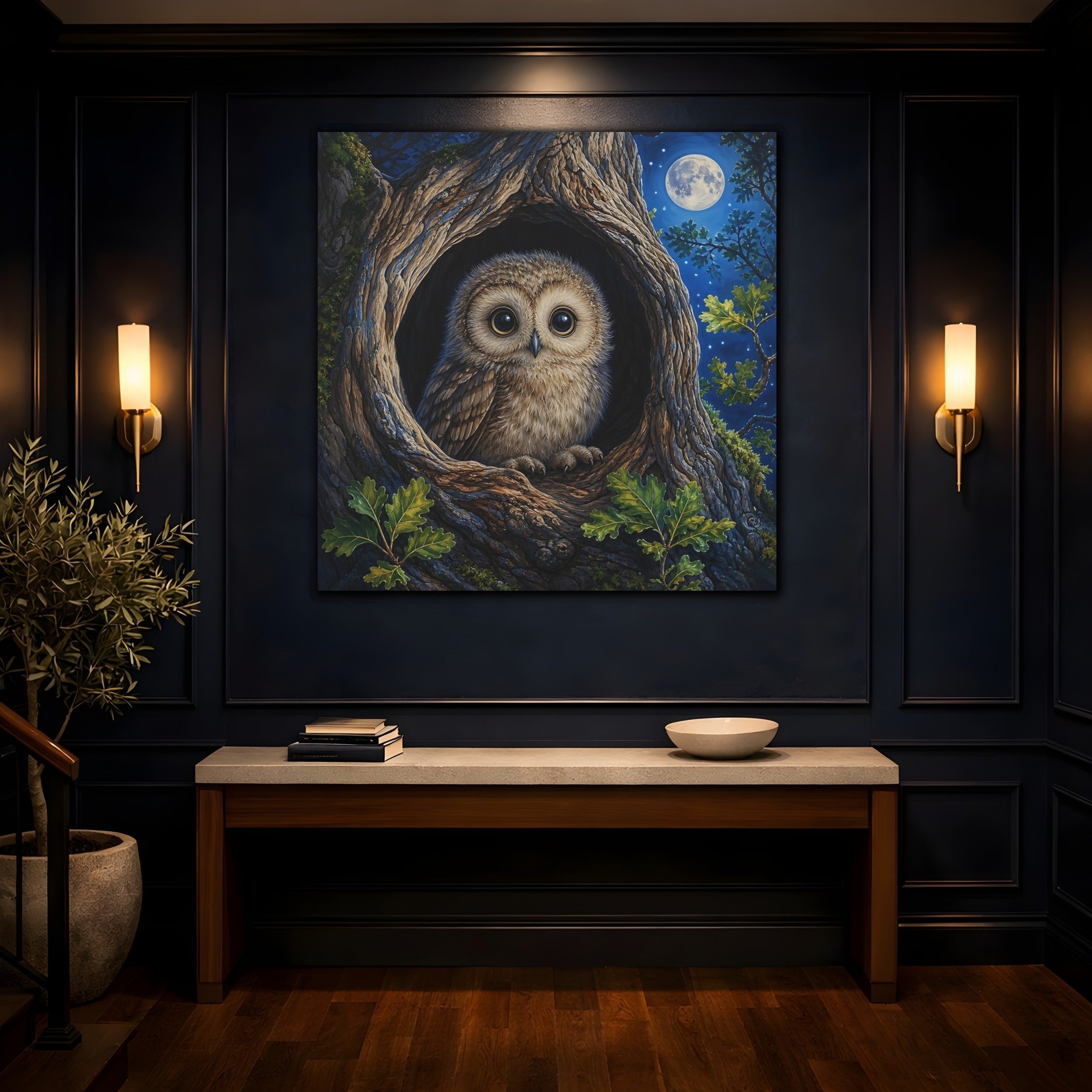 Mockup 4. Animals Baby Owl Cute Owl shown as stretched canvas wall art