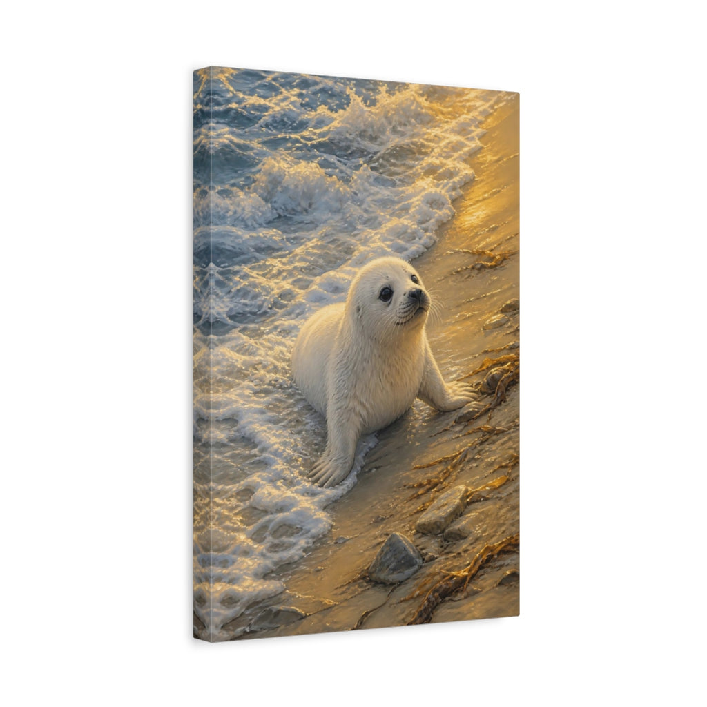 Side Mockup 4. Animals Baby Seal Golden Beach Seal shown as stretched canvas wall art