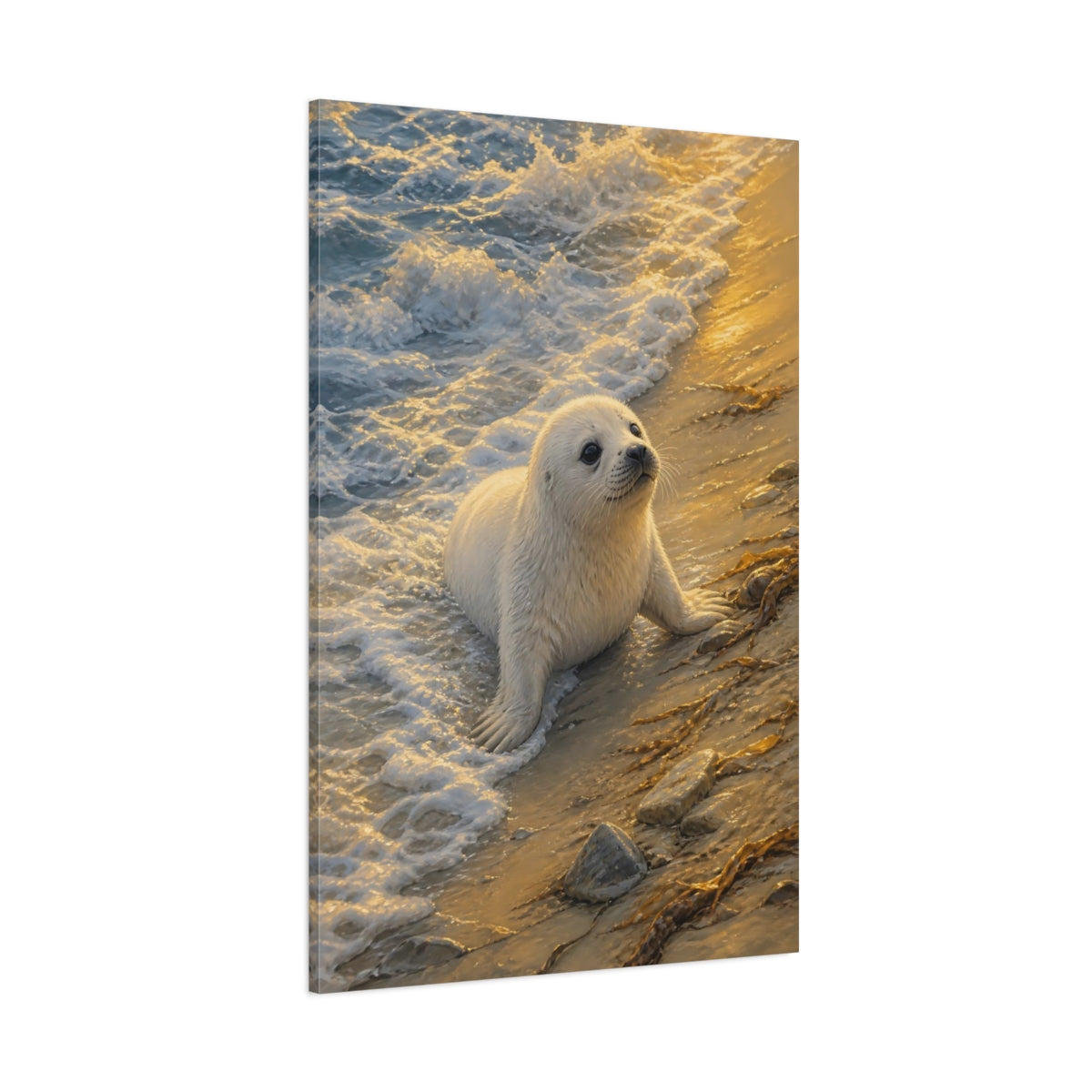Side Mockup 1. Animals Baby Seal Golden Beach Seal shown as stretched canvas wall art