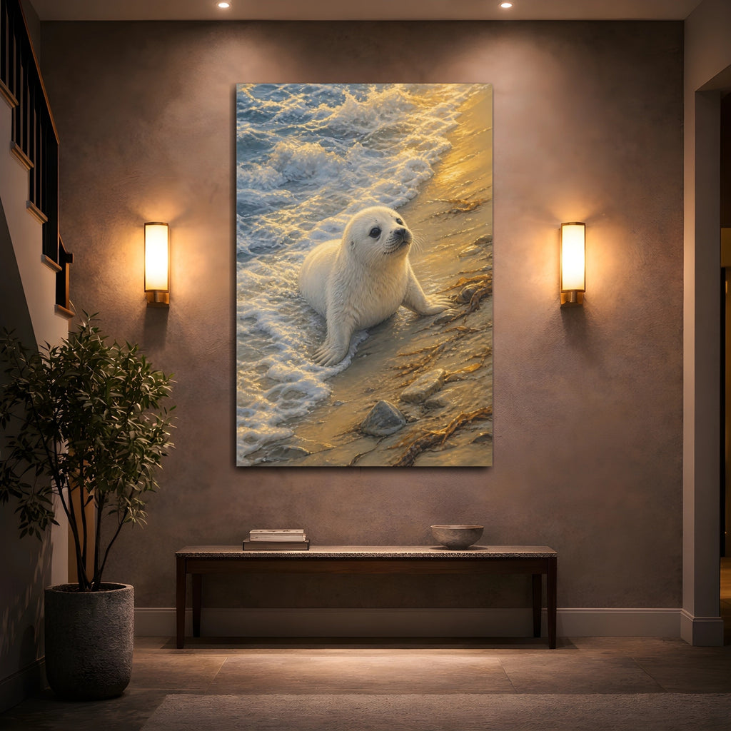 Mockup 2. Animals Baby Seal Golden Beach Seal shown as stretched canvas wall art