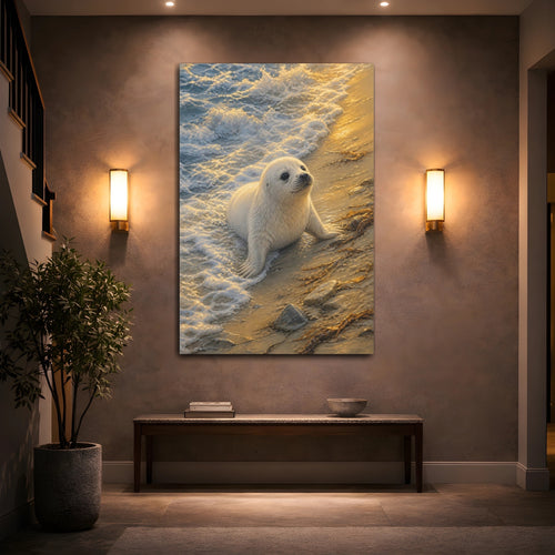 Mockup 2. Animals Baby Seal Golden Beach Seal shown as stretched canvas wall art