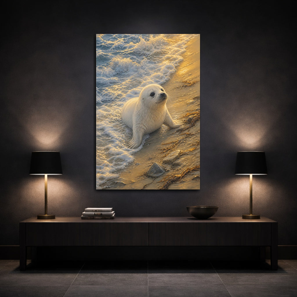 Mockup 3. Animals Baby Seal Golden Beach Seal shown as stretched canvas wall art