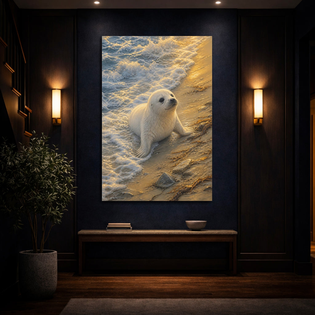 Mockup 4. Animals Baby Seal Golden Beach Seal shown as stretched canvas wall art