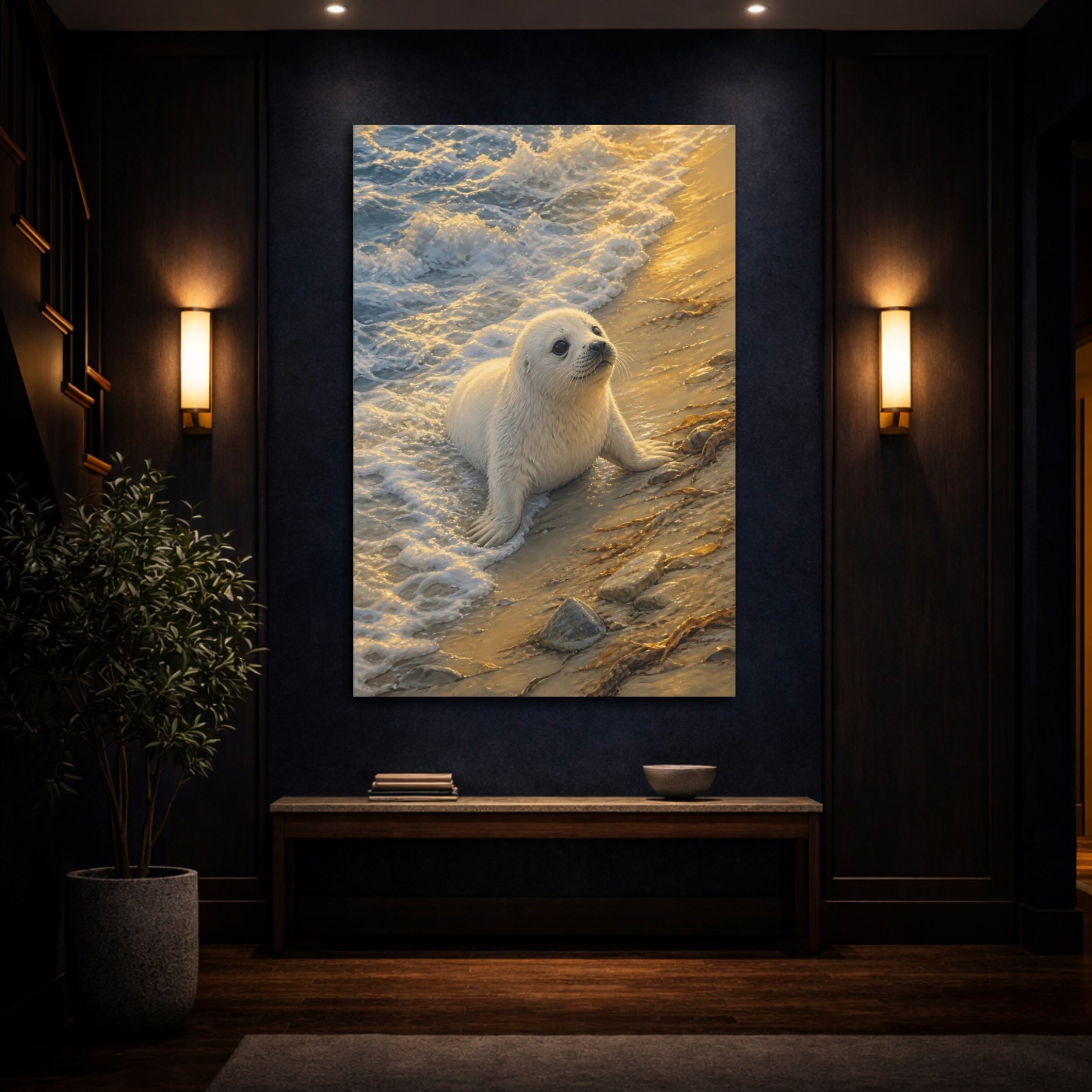 Mockup 4. Animals Baby Seal Golden Beach Seal shown as stretched canvas wall art