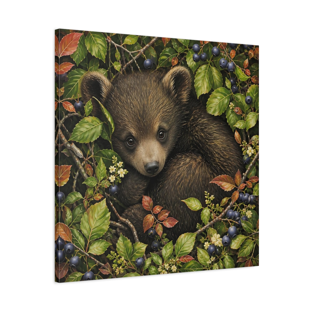 Side Mockup 3. Animals Bear Cub Brown Bear Cub shown as stretched canvas wall art