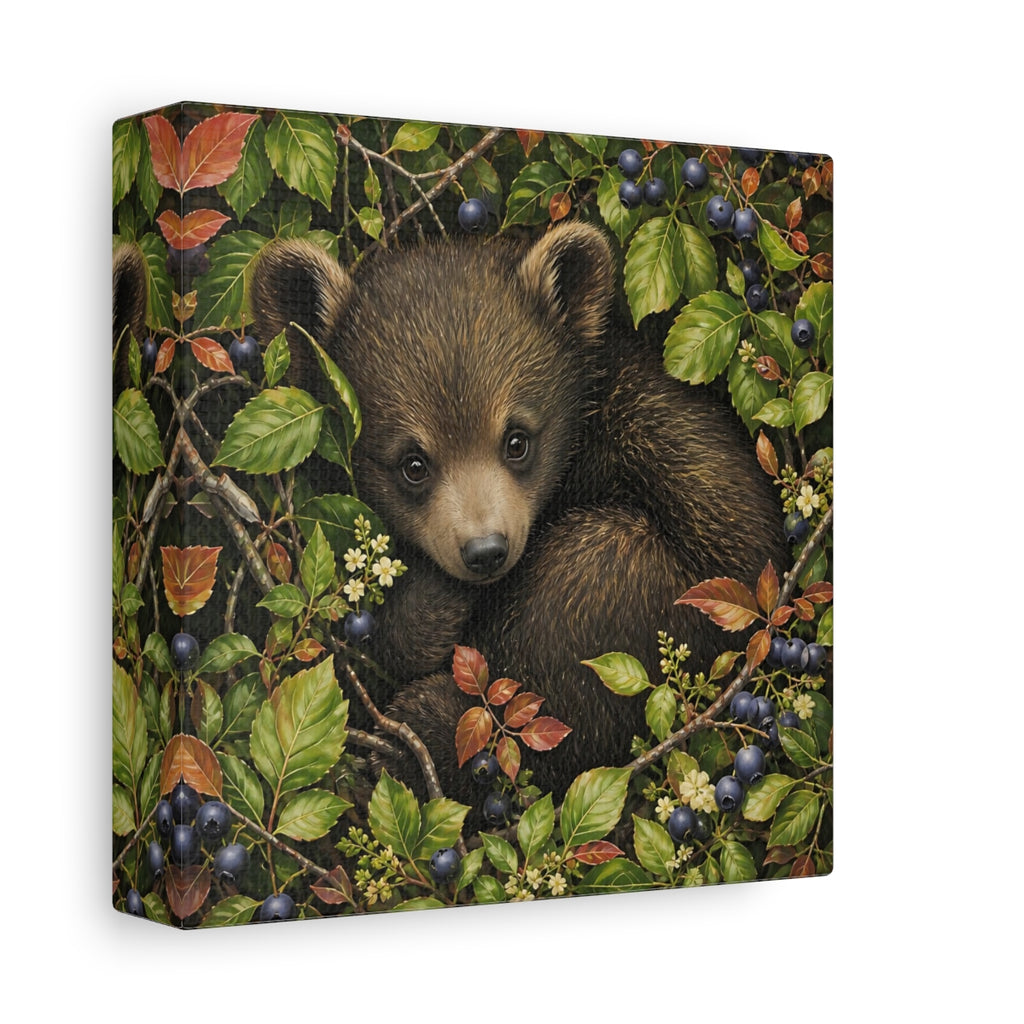 Side Mockup 2. Animals Bear Cub Brown Bear Cub shown as stretched canvas wall art