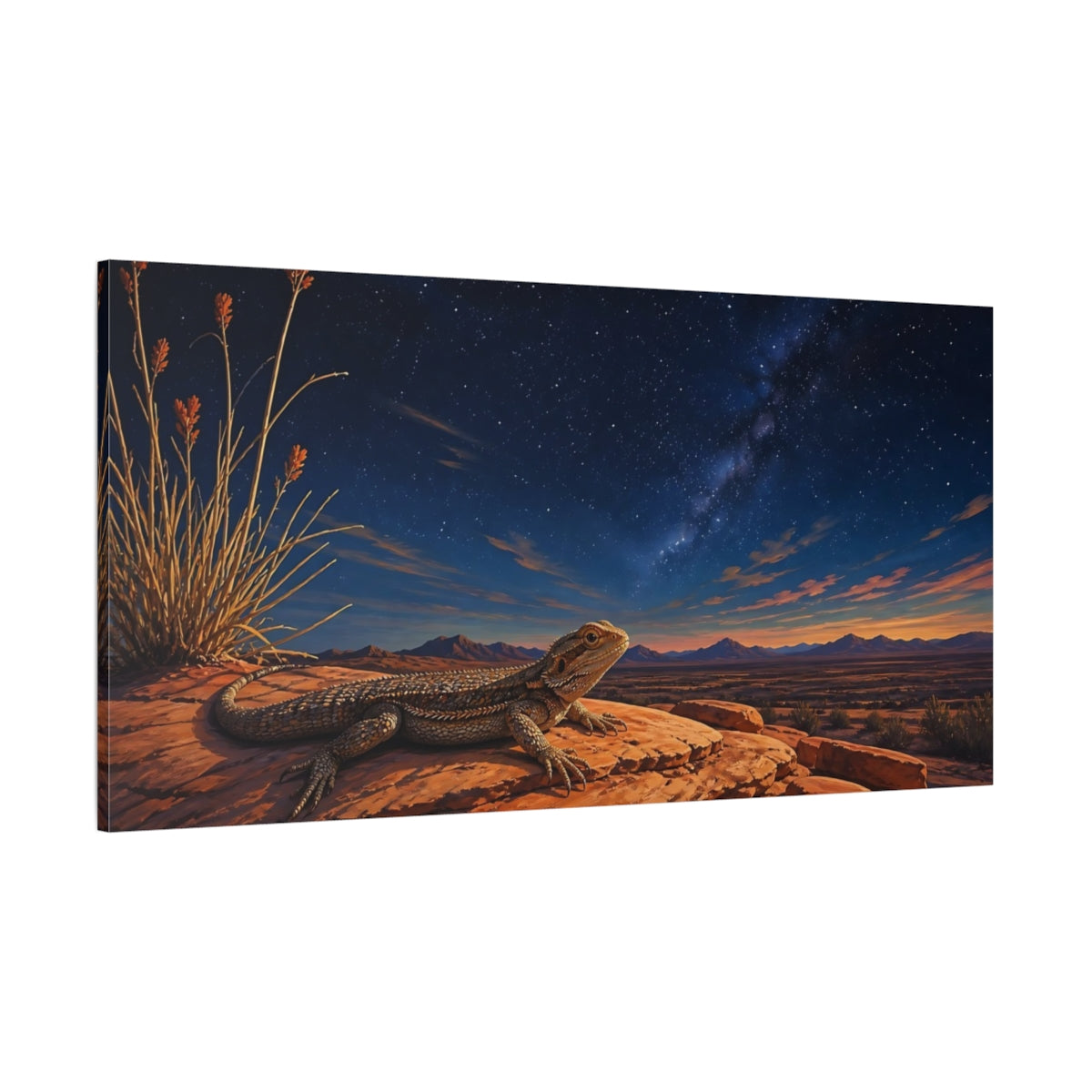 Side Mockup 2. Animals Bearded Dragon Desert Lizard Night Sky shown as stretched canvas wall art