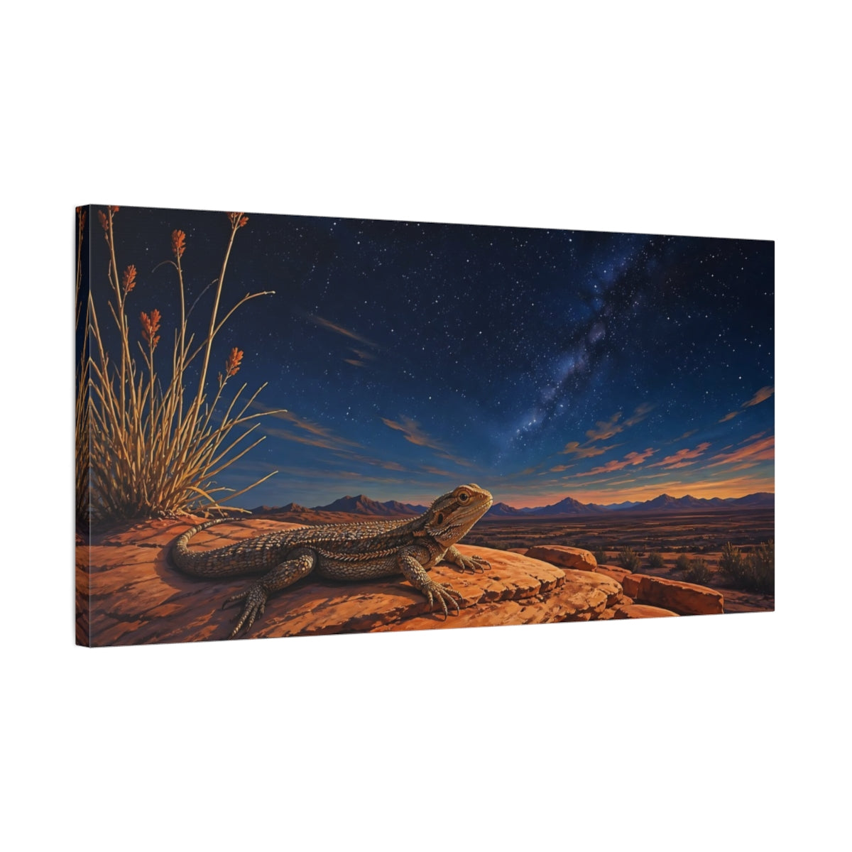 Side Mockup 1. Animals Bearded Dragon Desert Lizard Night Sky shown as stretched canvas wall art
