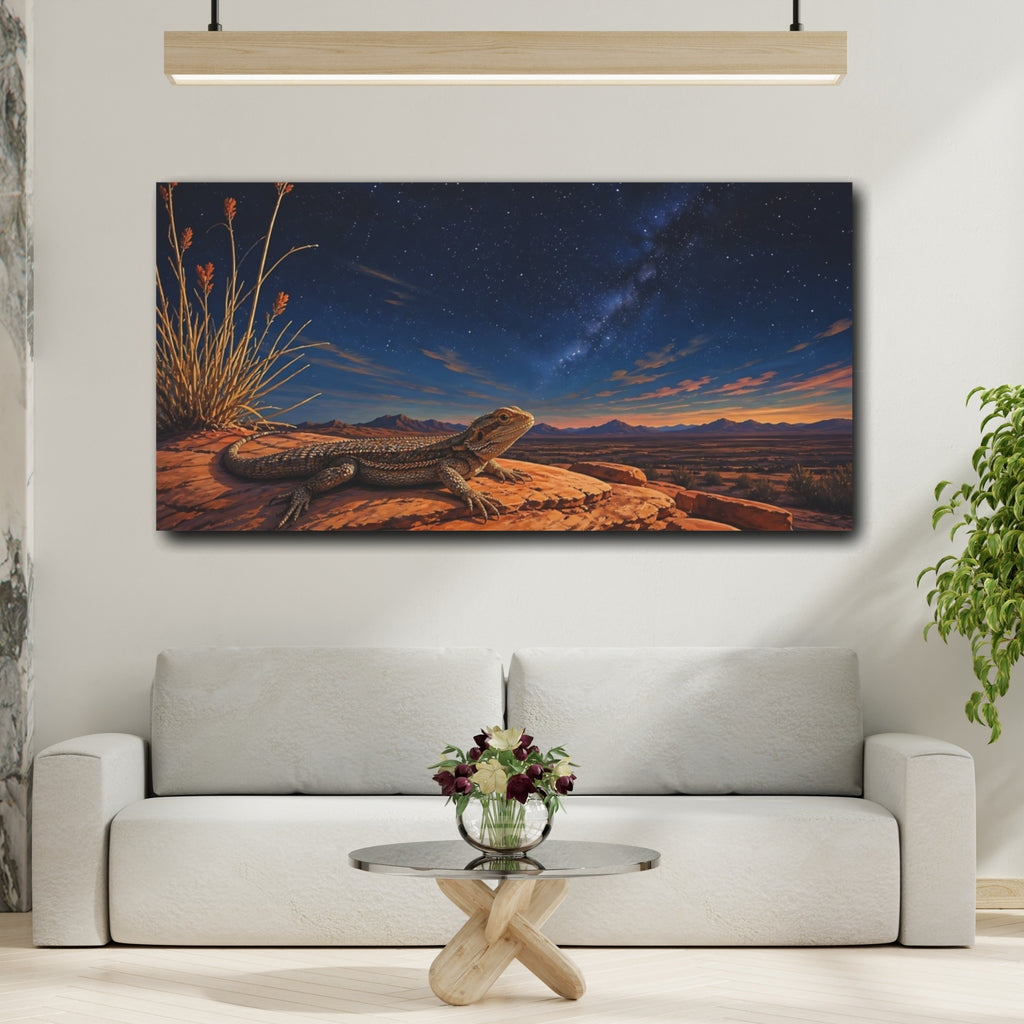 Mockup 2. Animals Bearded Dragon Desert Lizard Night Sky shown as stretched canvas wall art
