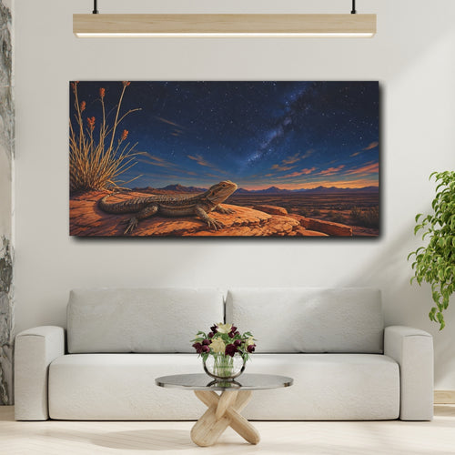 Mockup 2. Animals Bearded Dragon Desert Lizard Night Sky shown as stretched canvas wall art