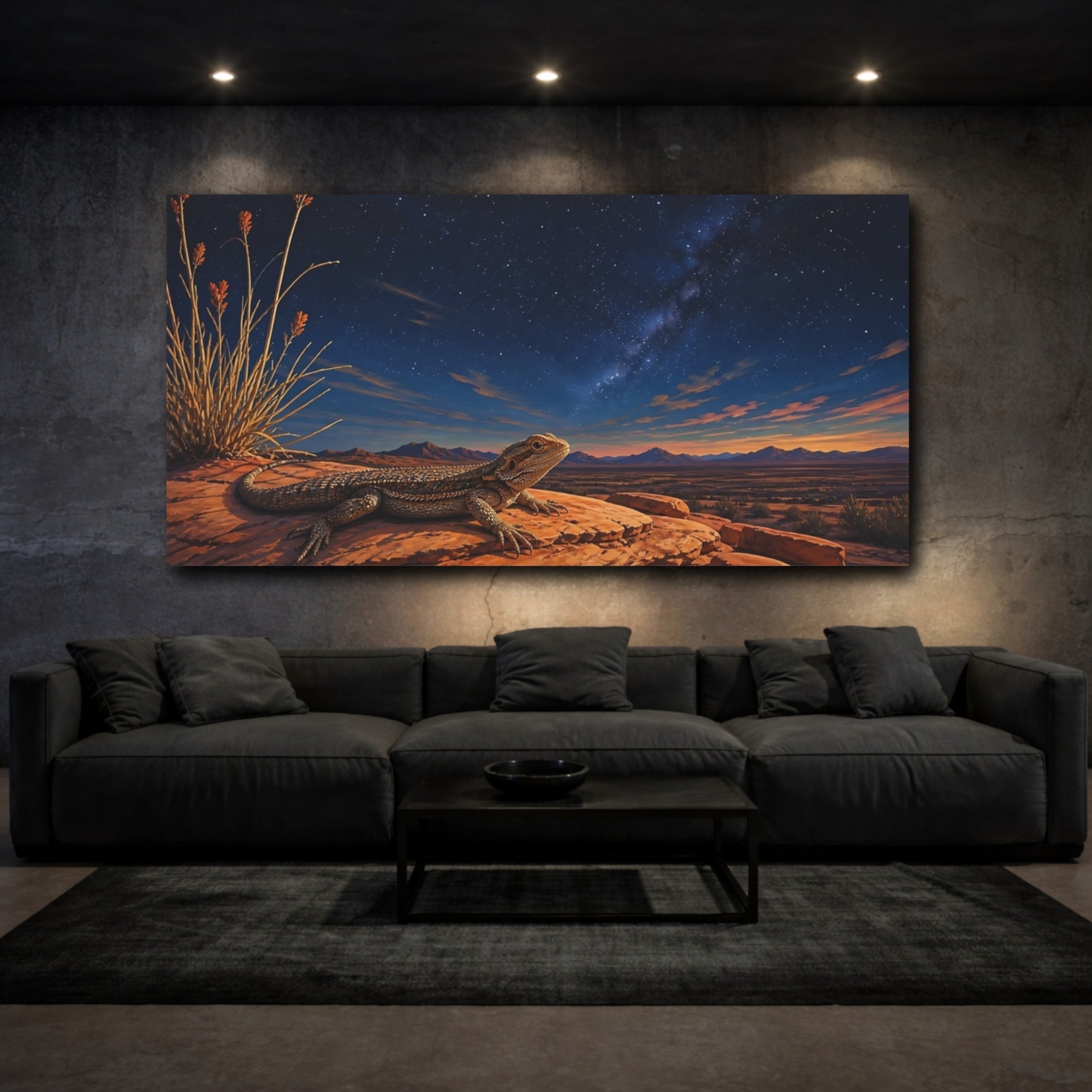 Mockup 3. Animals Bearded Dragon Desert Lizard Night Sky shown as stretched canvas wall art