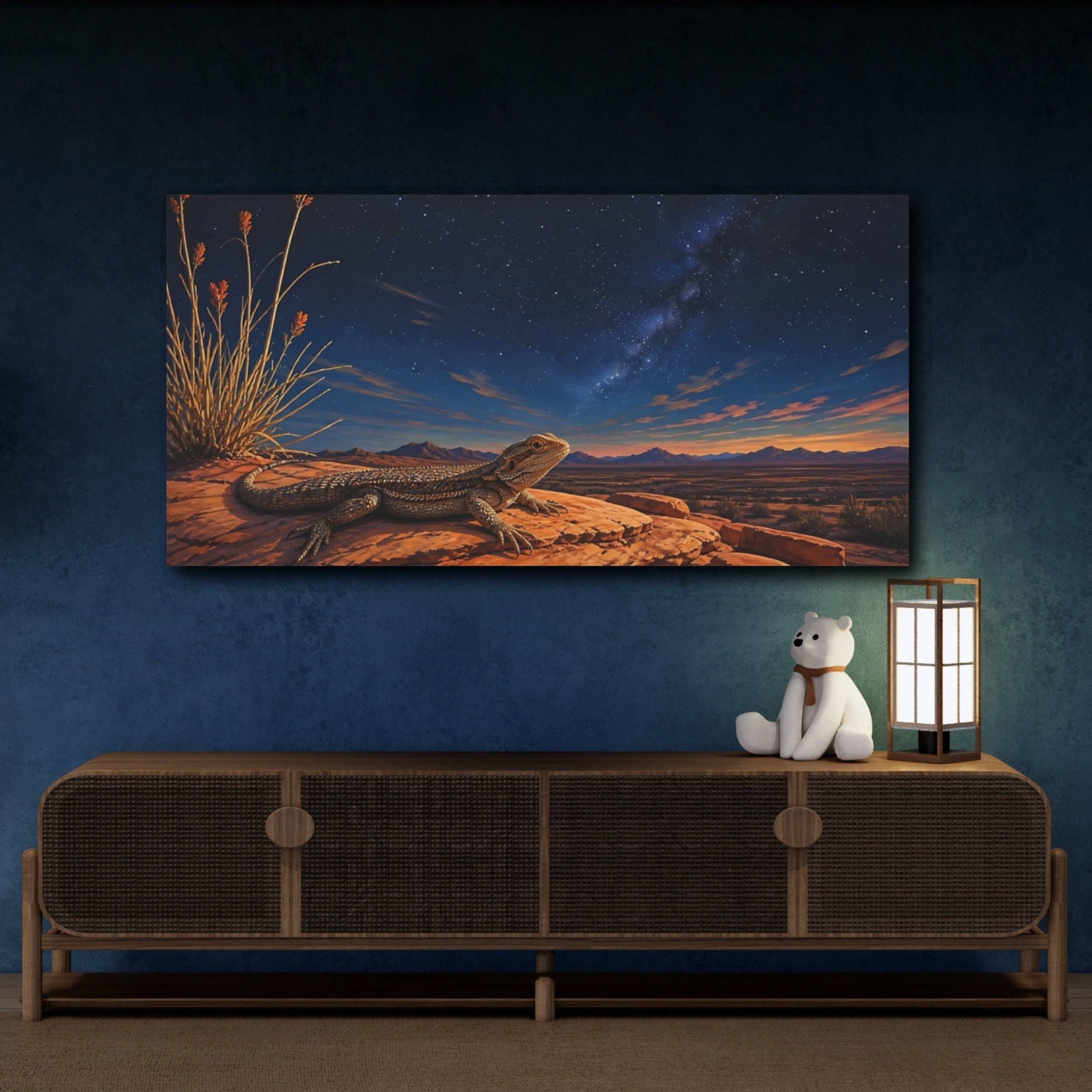 Mockup 4. Animals Bearded Dragon Desert Lizard Night Sky shown as stretched canvas wall art
